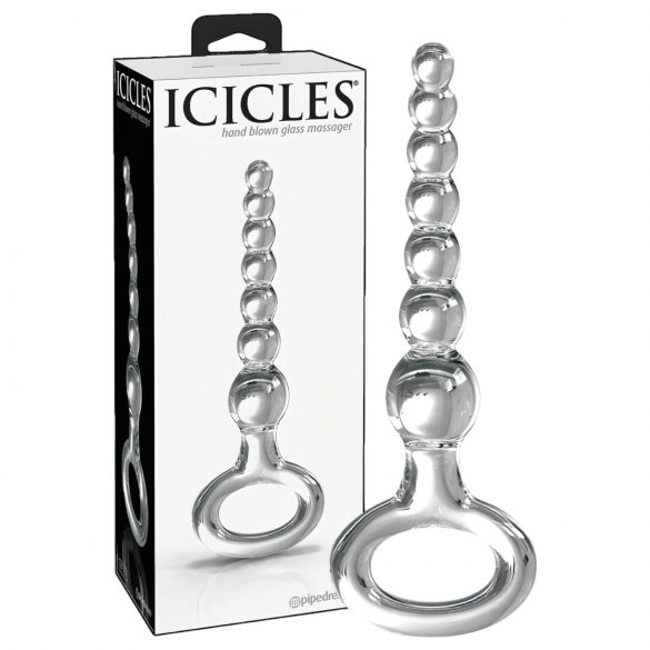 Icicles No. 67 - skleněné dildo s úchopovým prstencem a kulovým tvarem (průhledné)