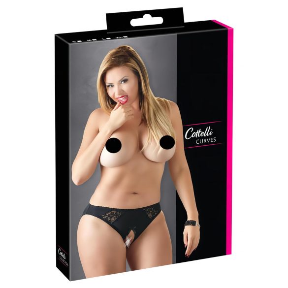 Cottelli Plus Size – Krajkové, otevřené kalhotky (černé)