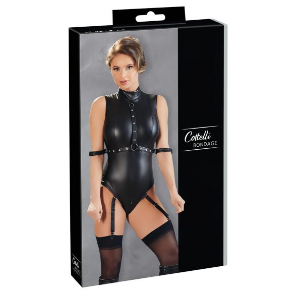 Cottelli Bondage - lesklé body bez rukávů s pouty (černé) - XL