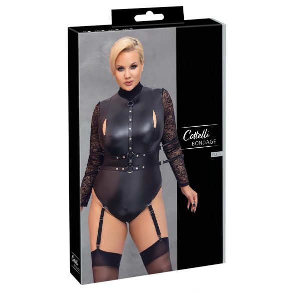 Cottelli Bondage Plus Size - krajkové body s rukávy (černé) - 3XL